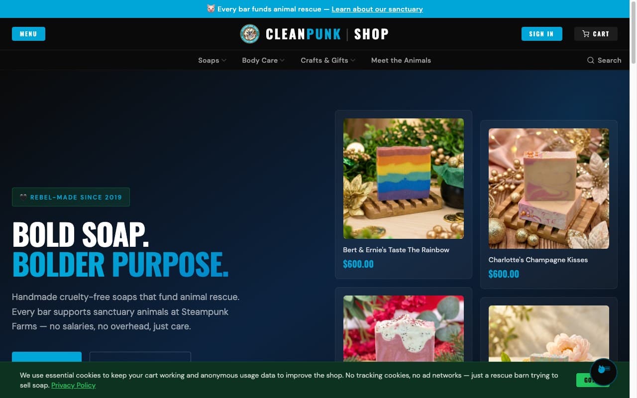 Cleanpunk Shop — Handmade Soaps homepage screenshot
