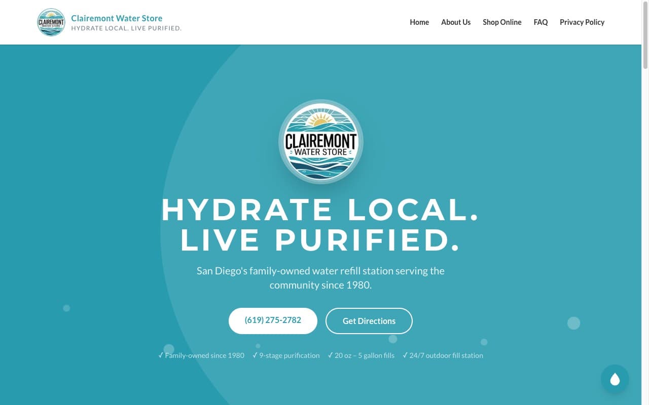 Clairemont Water Store homepage screenshot