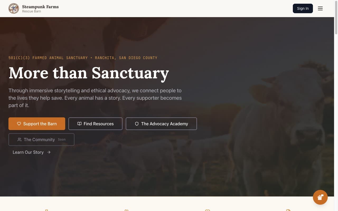 Steampunk Farms Rescue Barn homepage screenshot